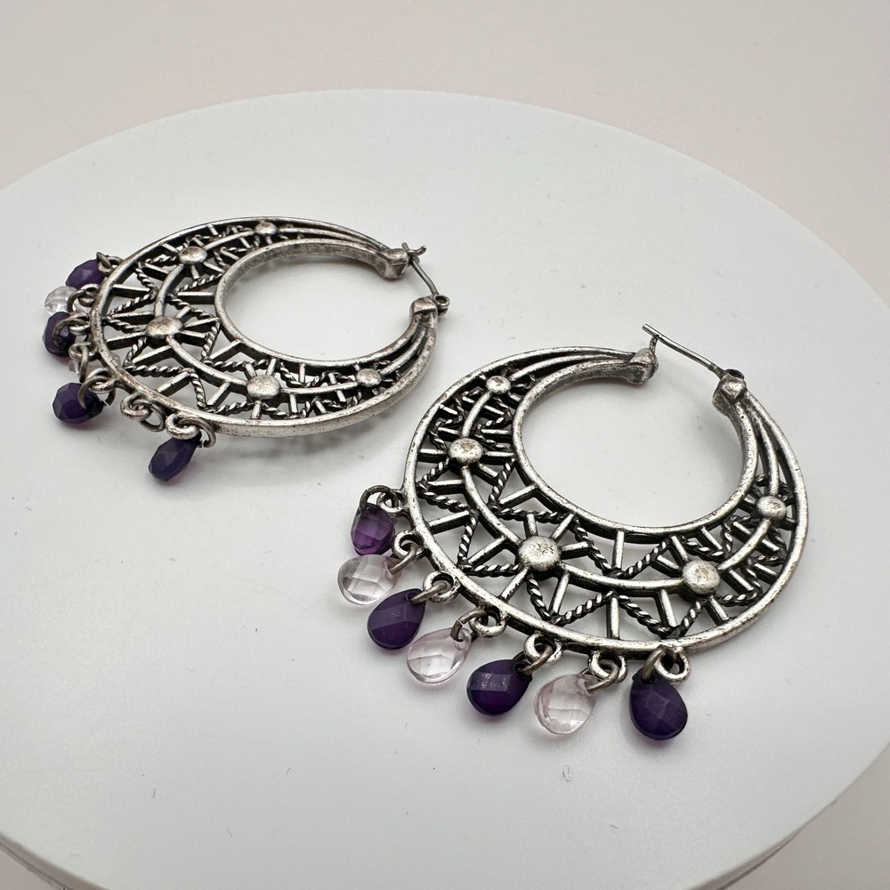 Vintage 90s Silver Tone Purple Beaded Geometric Hoop Earrings
